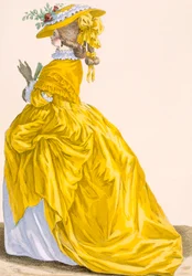 „Robe en Fourreau”, rytowane przez Bacquoy, tablica nr 187 z „Galeries des Modes et Costumes Francais”, ok. 1778-87 99: odzież; strój tradycyjny; strój tradycyjny; moda; ilustrować